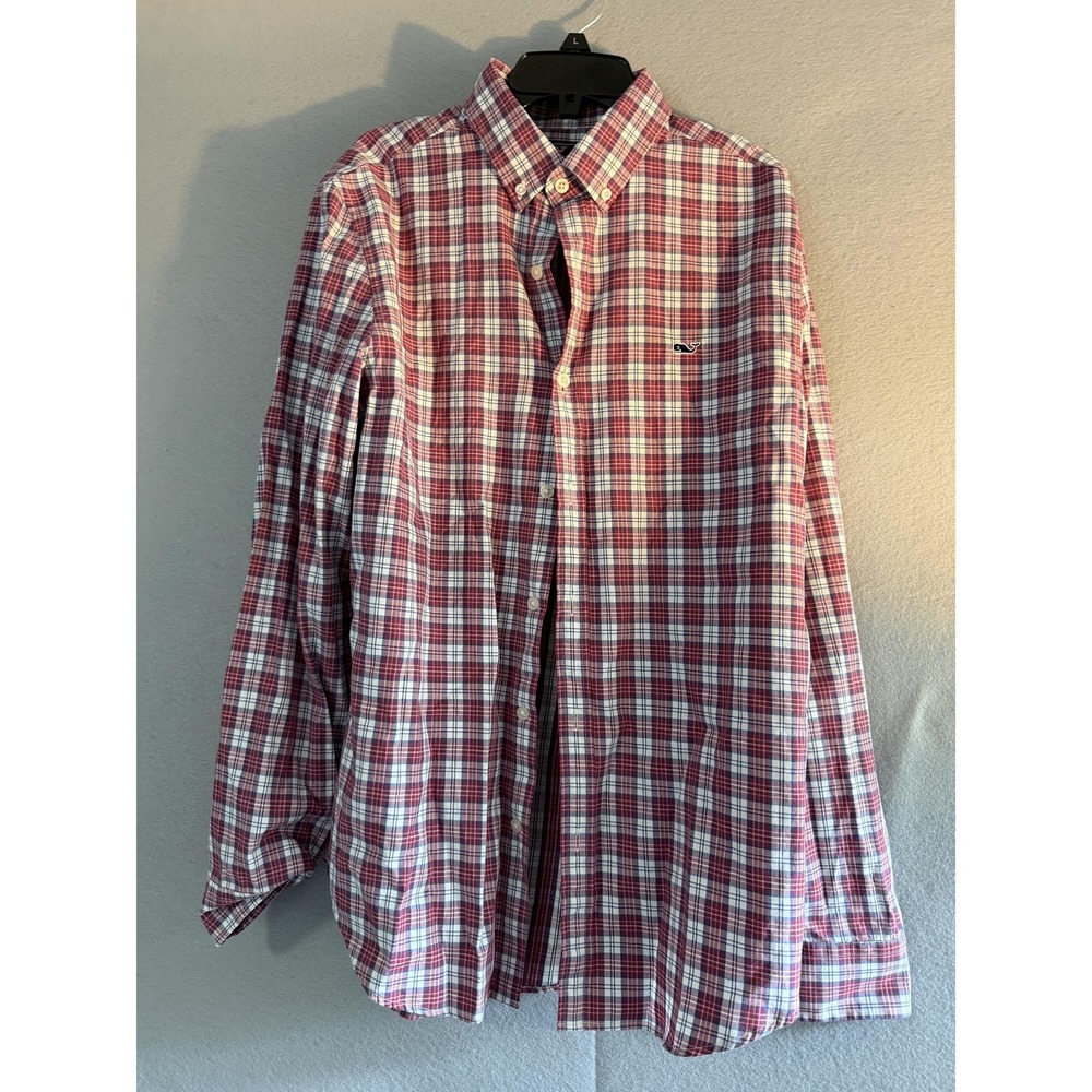 Vineyard Vines Shirt Mens Medium Red Plaid Slim Fit Whale Logo Button Front